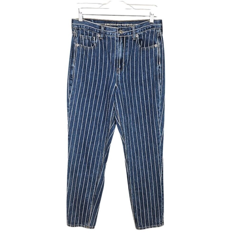 Women's AMERICAN EAGLE Jeans size 4 MEDIUM WASH BLUE Stripes High Rise Retro Mom